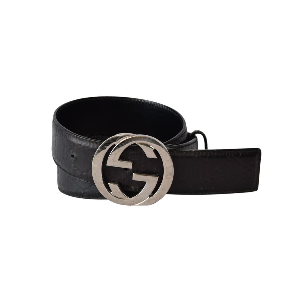 Gucci GG Monogram Black Leather Belt Silver Buckle Italy